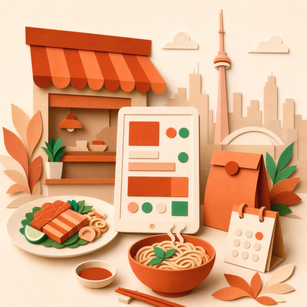Cut-paper illustration of the Platesready platform โ a restaurant storefront, a tablet taking an order, a noodle bowl and plate, a delivery bag and a reservation calendar, with the Toronto skyline and CN Tower.