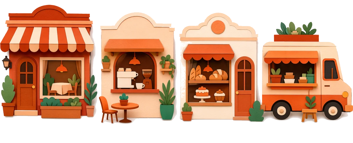 Cut-paper illustration of a row of food businesses — a restaurant with an awning, a café, a bakery, and a food truck.
