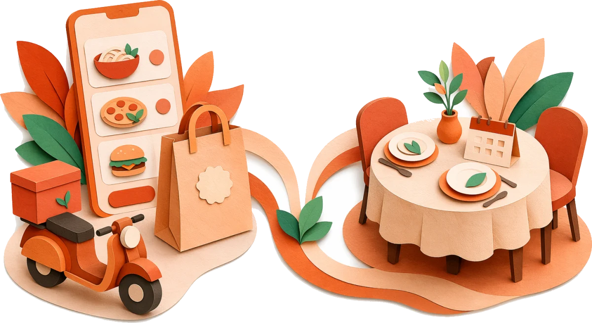 Cut-paper illustration of two journeys — a phone, delivery scooter and takeout bag on one path, and a set dining table on the other, joined by a flowing ribbon.