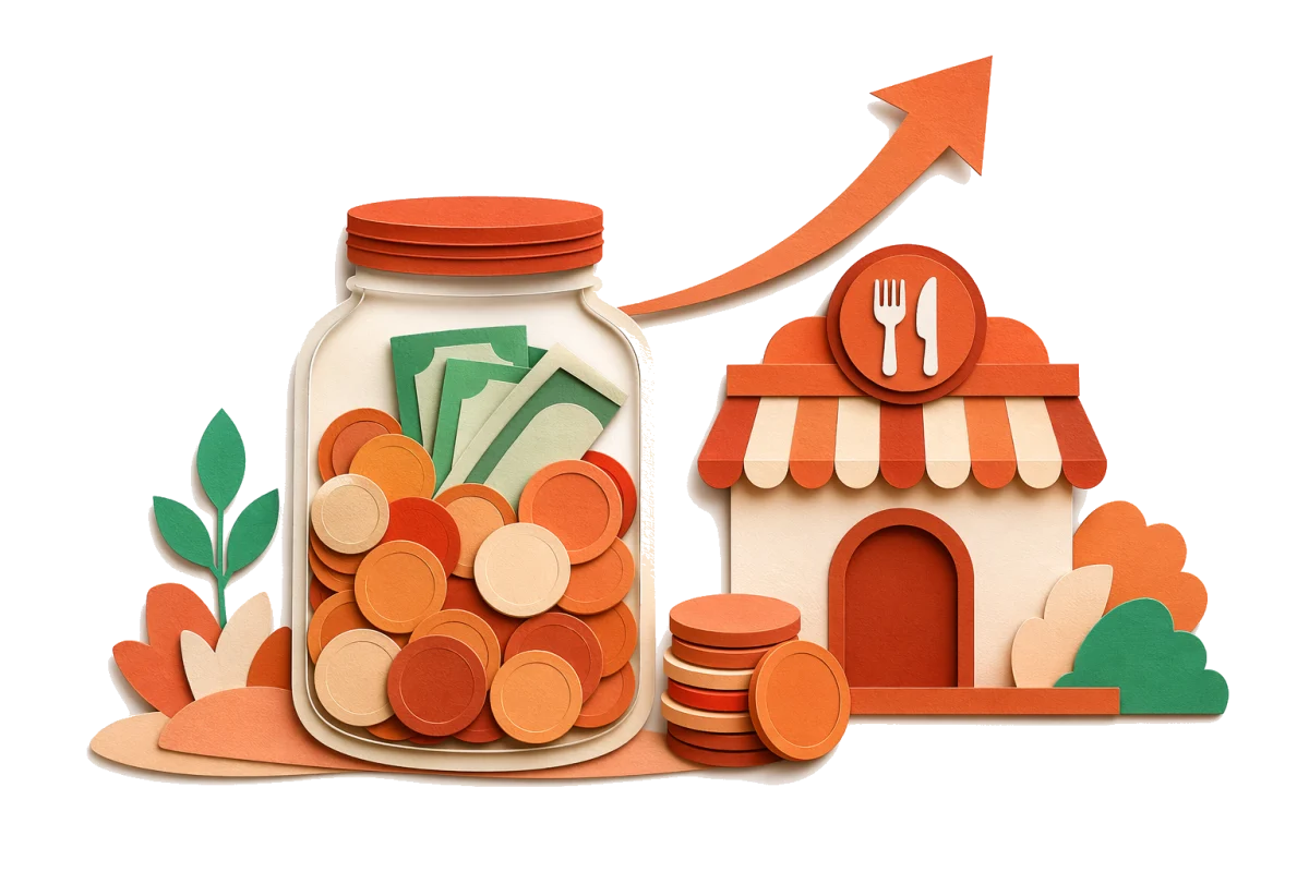 Cut-paper illustration of a jar filling with coins and bills beside a small storefront and an upward arrow.